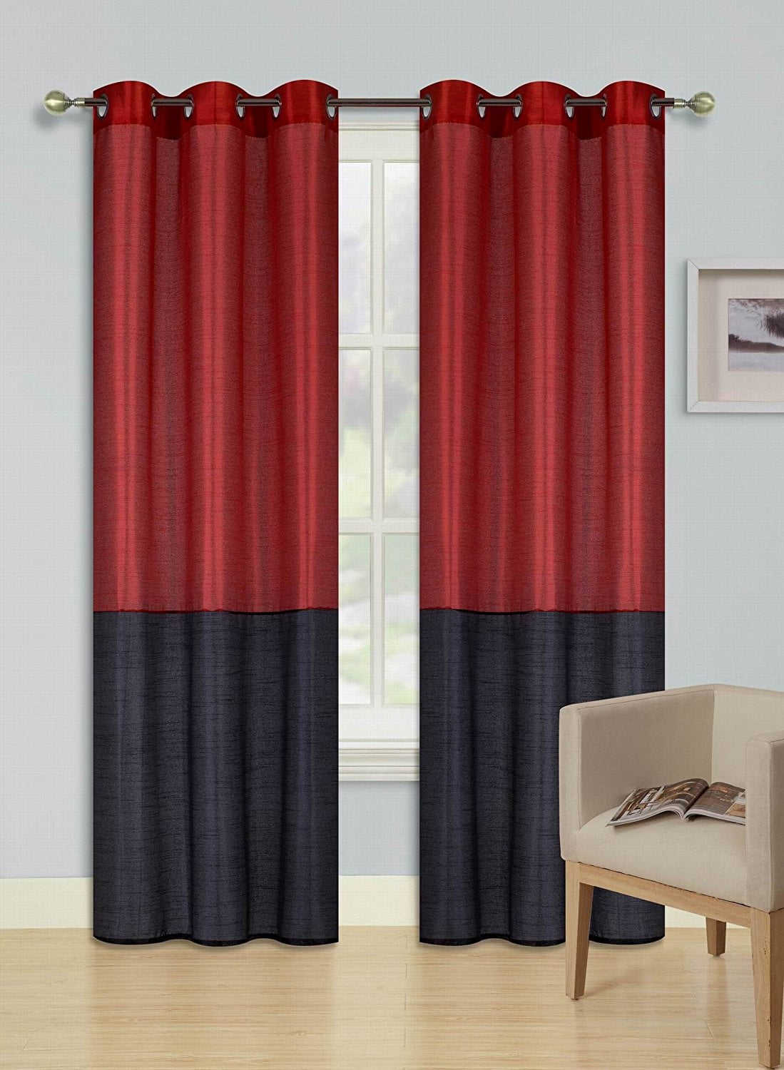 2pc Red Black Heidi Faux Silk Drape Panel Top Chrome Metallic