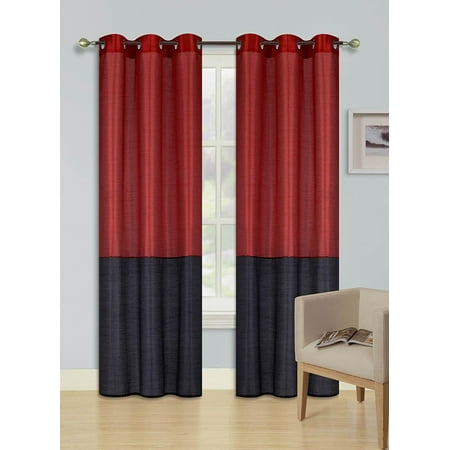 2pc Red Black Heidi Faux Silk Drape Panel Top Chrome Metallic