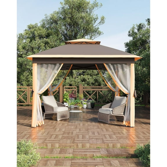 11x11 Pop Up Canopy Tent, Outdoor Canopy with Netting, Outdoor Gazebo, with 4 Sand Bags, Mosquito Netting & Height Adjustable, for Backyard & Patio Furniture
