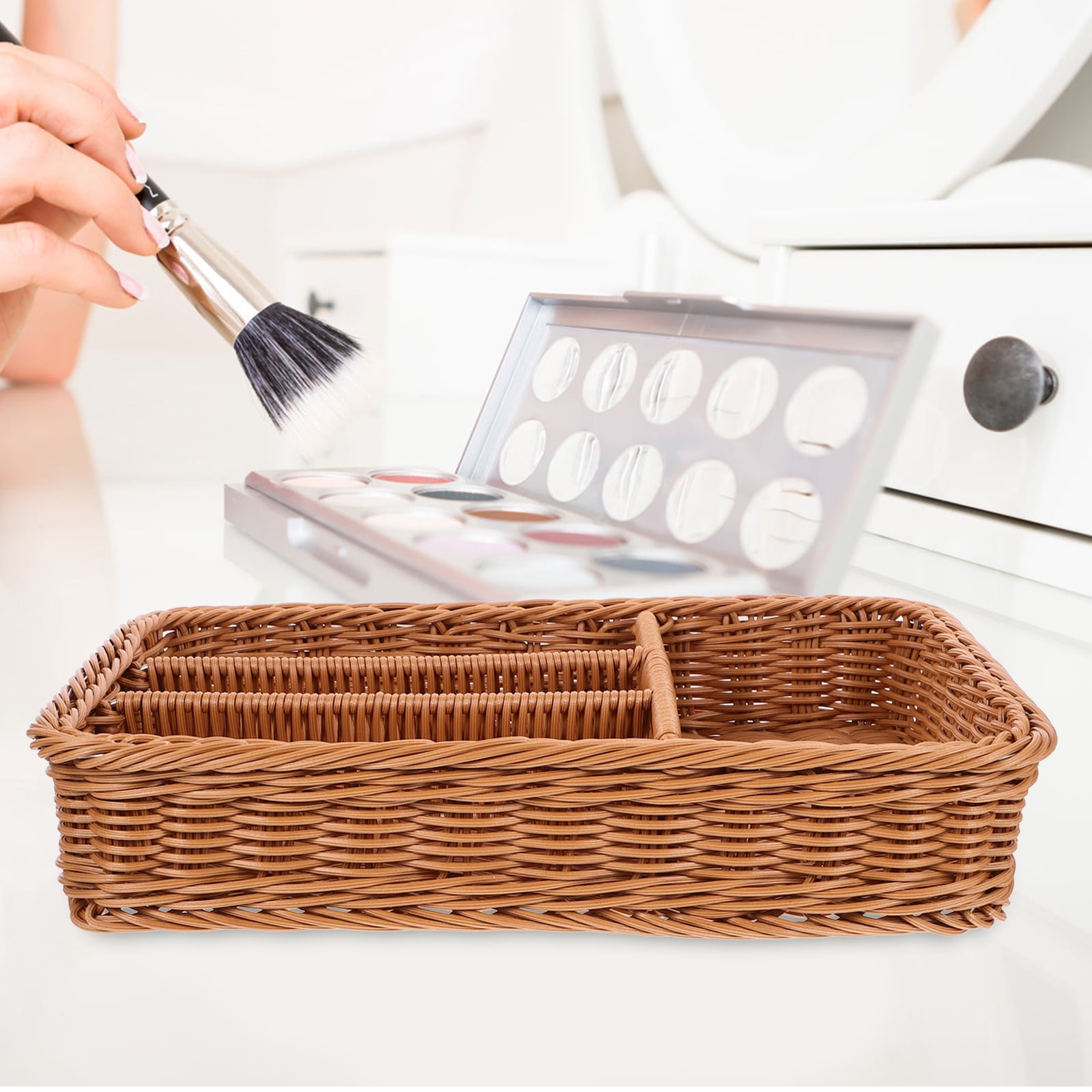 Oecoator 4-Compartment Woven Cutlery Organizer Basket for Kitchen Drawer and Tabletop Storage Solution