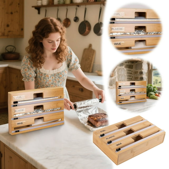 Contenants de Rangement pour l'Organisation de la Cuisine, Distributeur d'Emballage avec Coupeur, Support de Rangement pour Papier d'Aluminium et Papier Ciré pour Tiroirs et Rangement de Rouleaux