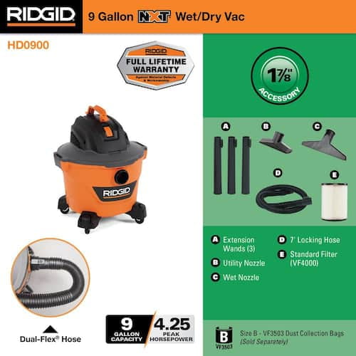 9 Gal. 4.25-Peak HP NXT Wet/Dry Shop Vacuum with Filter, Hose, 3 Extension Wands and 4 Accessories 9 Gal. 4.25-Peak HP NXT Wet/Dry Shop Vacuum with Filter, Hose, 3 Extension Wands and 4 Accessories