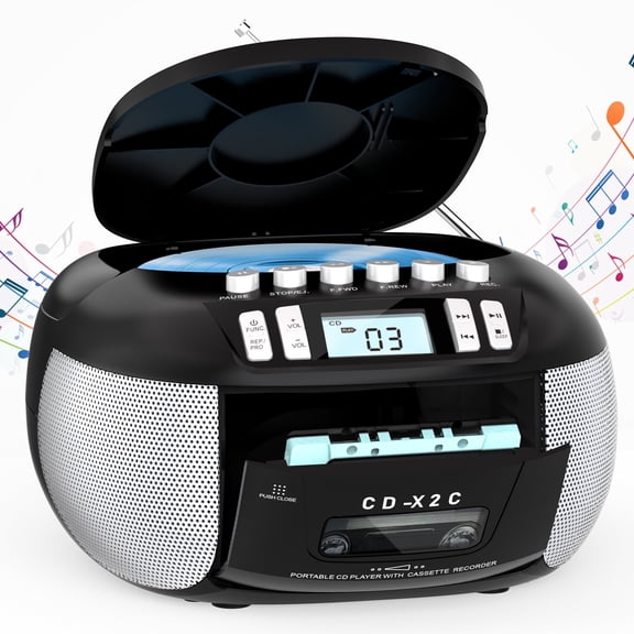 Jazmm Portable Boombox CD Player, CD Cassette Player Combo, AM/FM Radio, Tape Recording, LCD Display
