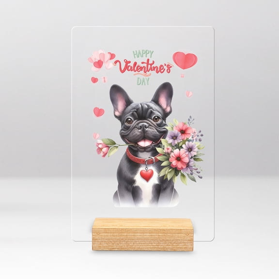 Happy Valentine's Day French Bulldog holding flowers Acrylic Plaque Sign Ashwood Base Dog Lover Gifts Home Desk Decor - 03005