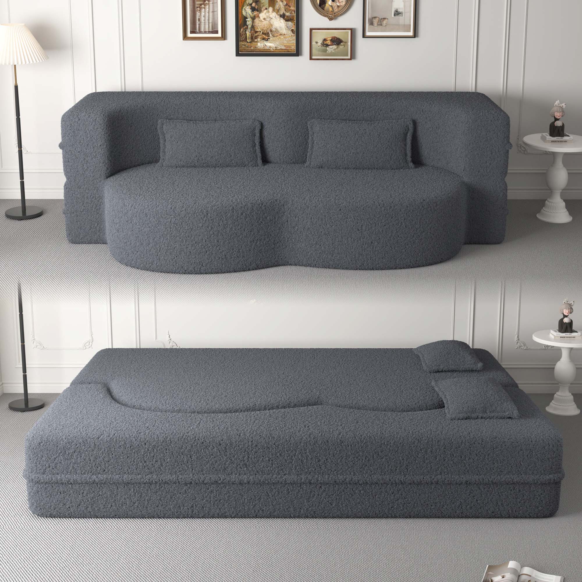 Miniyam Floor Sofa with 2 Pillows, Convertible Teddy Fabric Foam-Filled Sleeper Sofa Bed, Grey