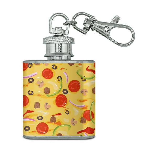 Combination Pizza Pattern With Pepperoni Olives and Onions Stainless Steel 1oz Mini Flask Key Chain