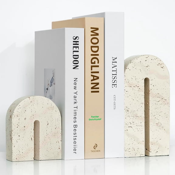 Book Ends for Shelves, Resin Heavy Duty Decorative Bookends, Retro Arch Book Holder for Heavy Books, Imitation Travertine Book Stopper for Home Decor, Study, Bookshelf, Desktop, Set of Two