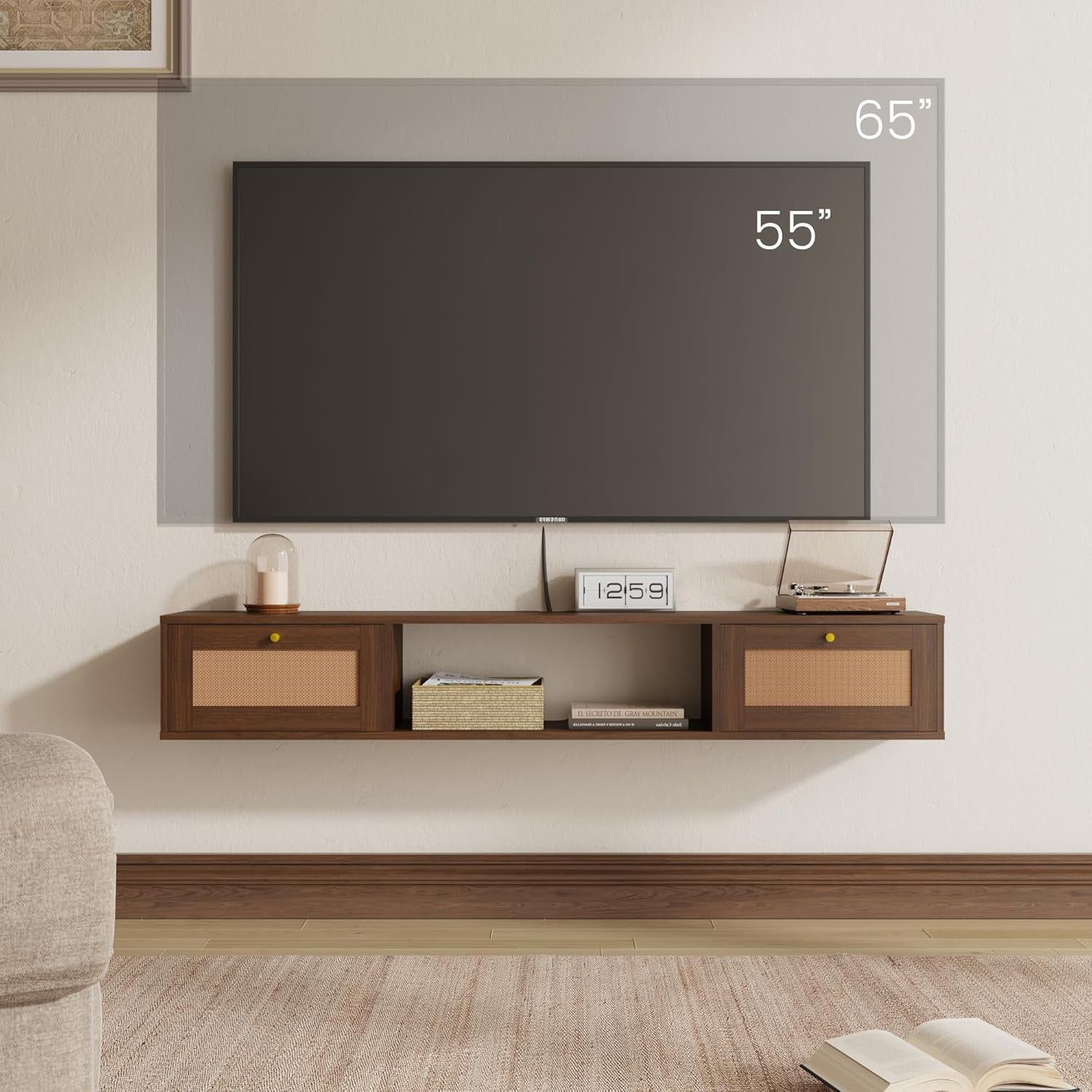 MELLCOM Modern Rattan Floating TV Stand, Entertainment Center for Under TV Storage, Wall-Mounted Floating Stand for TVs, 57 inch, Caramel Oak