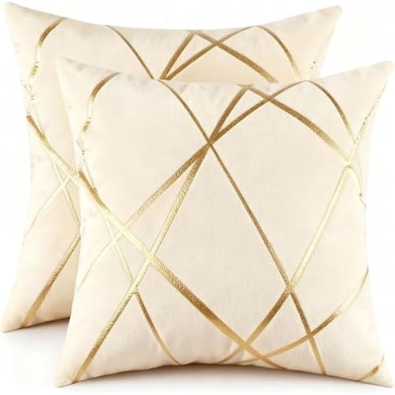 Eryueer Pack of 2 Velvet Cushion Covers 45 x 45 cm Luxury Gold Striped Decorative Throw Pillow Covers Taupe Soft Square Cushion Case Couch Pillowcases for Sofa Living Room Bedroom