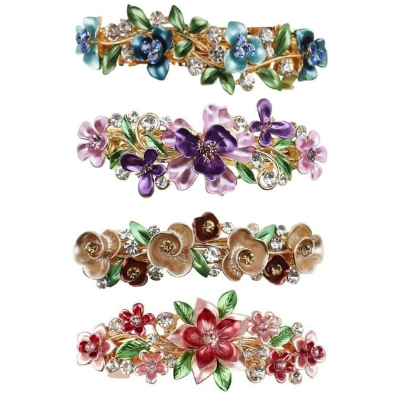 4 Pcs Vintage Flower Rhinestone Hair Clips,Colorful French Hair Barrettes for Women Spring Floral Rhinestone Hair Clips Crystals Mental Snap Hair Clasps Crystals Retro Clips Pins