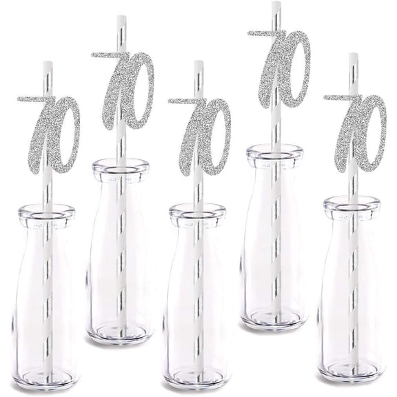 Silver Happy 70th Birthday Straw Decor, Silver Glitter 12pcs Cut-Out Number 70 Party Drinking Decorative Straws, Supplies