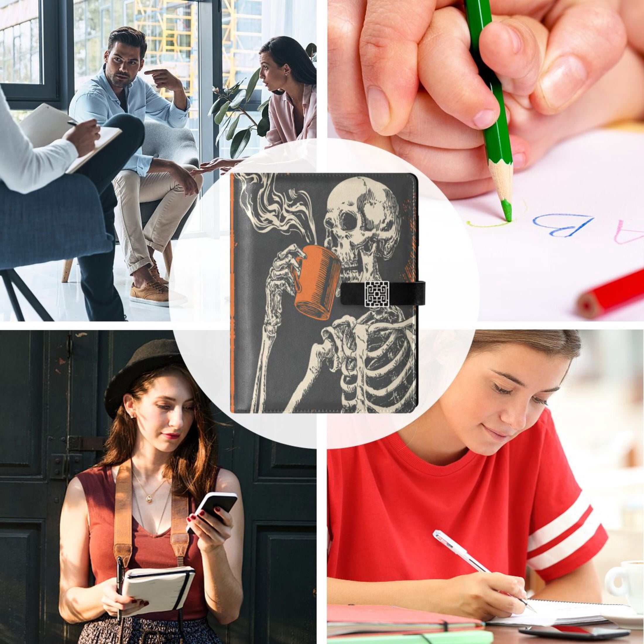 Leather Planner Leather Notebook Notebook Journal Binder Design Pen Pocket Design Convenient for Storage Skeleton Drinking Coffee Pattern