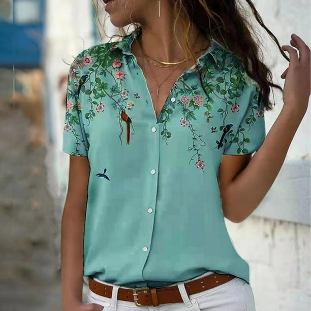 Women Blouse Casual Blouses Down Shirts Colorful Short Sleeve Flower Printed Tops Loose Turndown Collar T-Shirts Woman Dressy Clothes - Walmart.com