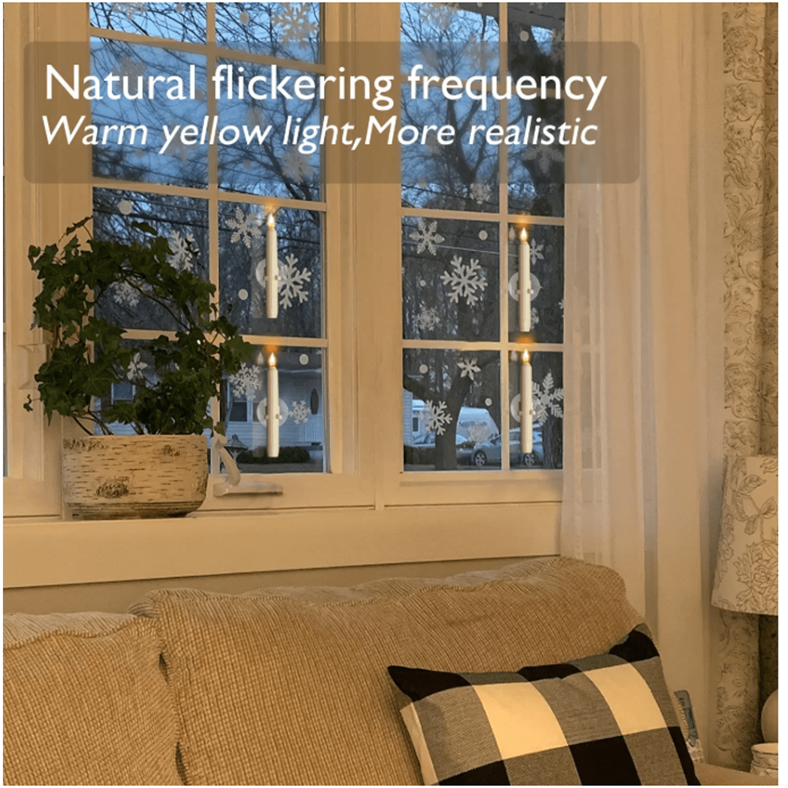 6 Pack 7Inch Battery Operated LED Window Candle, Flameless Candlesticks with Suction Cups, Dusk to Dawn Light Sensor, Black Plastic Base, Amber Flicker Flame