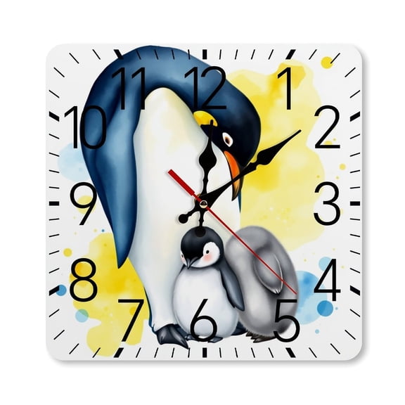 RKSupls 10×10inch Square Silent Wall Clock Wooden Frame, Penguin Family Love Scale Decorative Clock for Home Bedroom Living Room Office