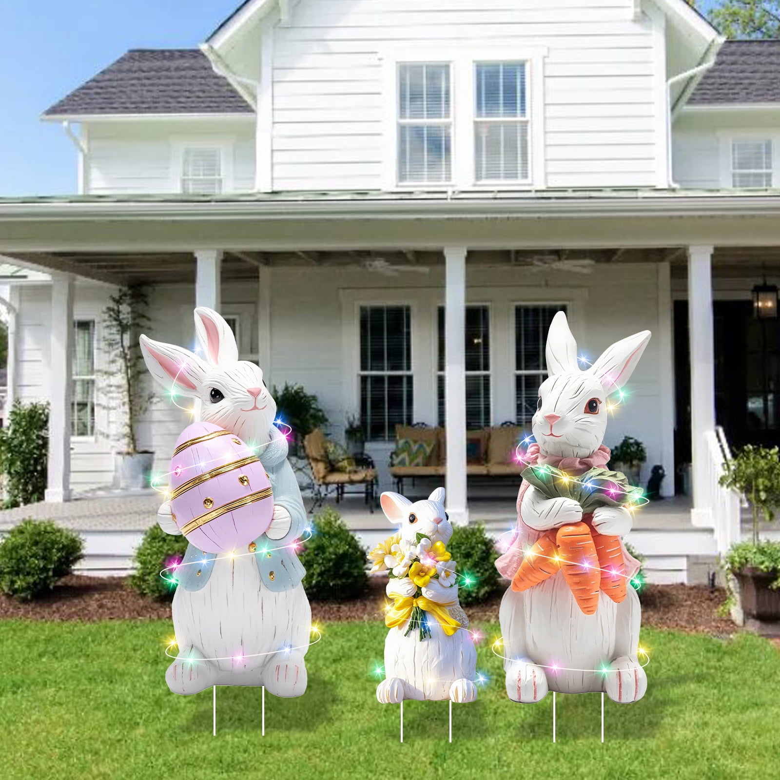 YIBAGA Easter Bunny Yard Signs Extra Large Easter Outdoor Decorations with Stakes with LED Lights 3pcs
