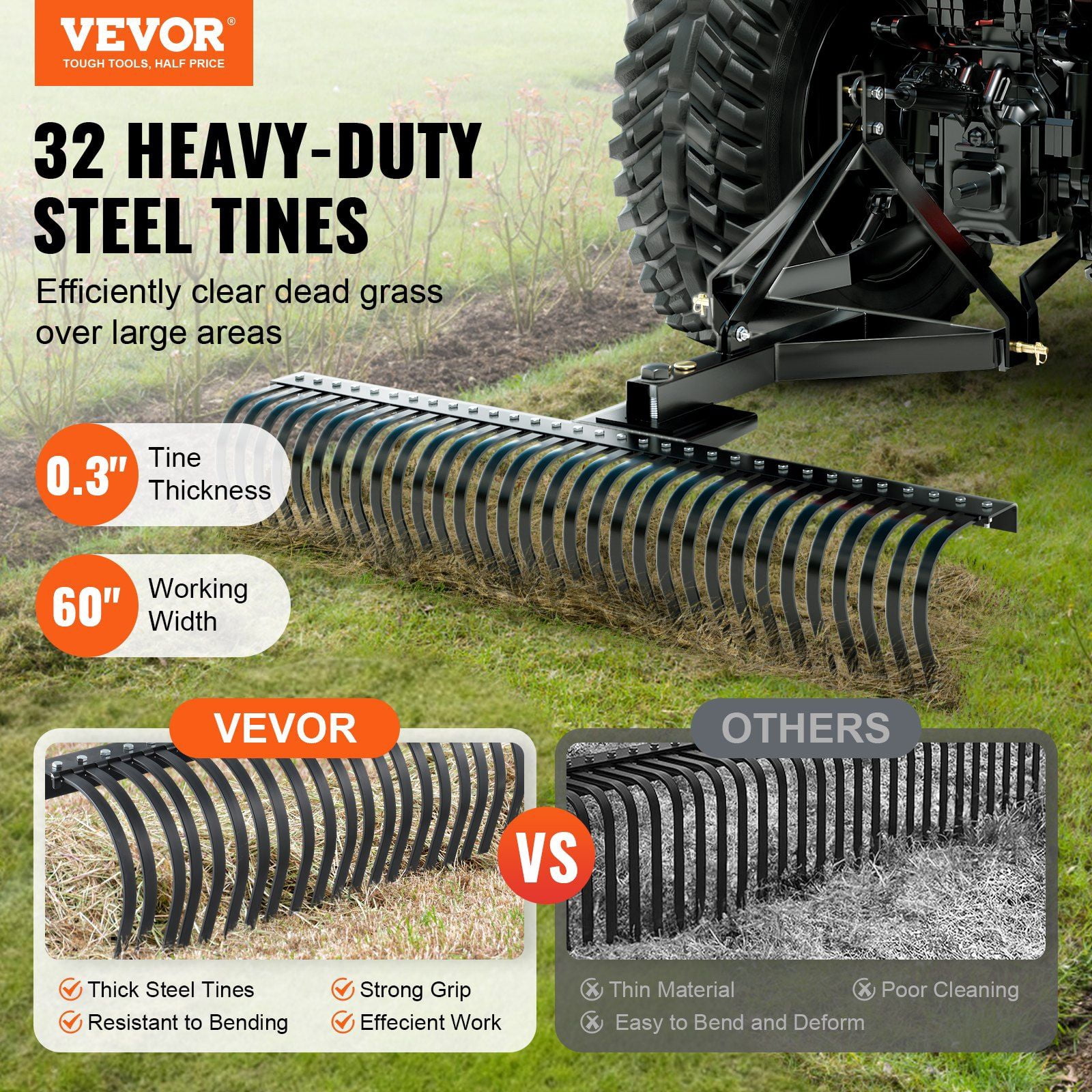 Dranite 60" 3-Point Hitch Thatch Rake – Tractor-Mounted Pull-Behind Dethatcher with 32 Steel Prongs