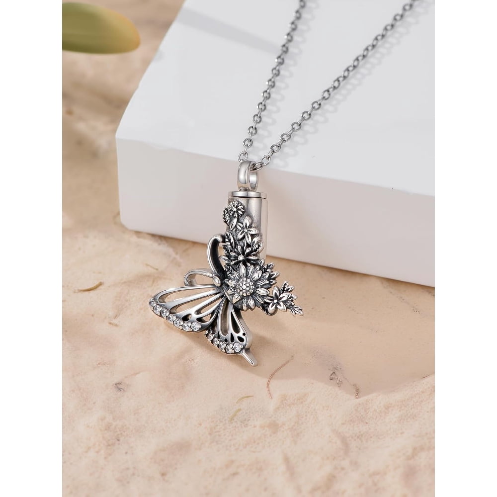 CACA LADY Butterfly Urn Necklace for Ashes 925 Sterling Silver Butterfly Sunflower Memorial Pendant Cremation Keepsake Necklace for Ashes Jewelry Memorial Gifts for Women Loss Loved One