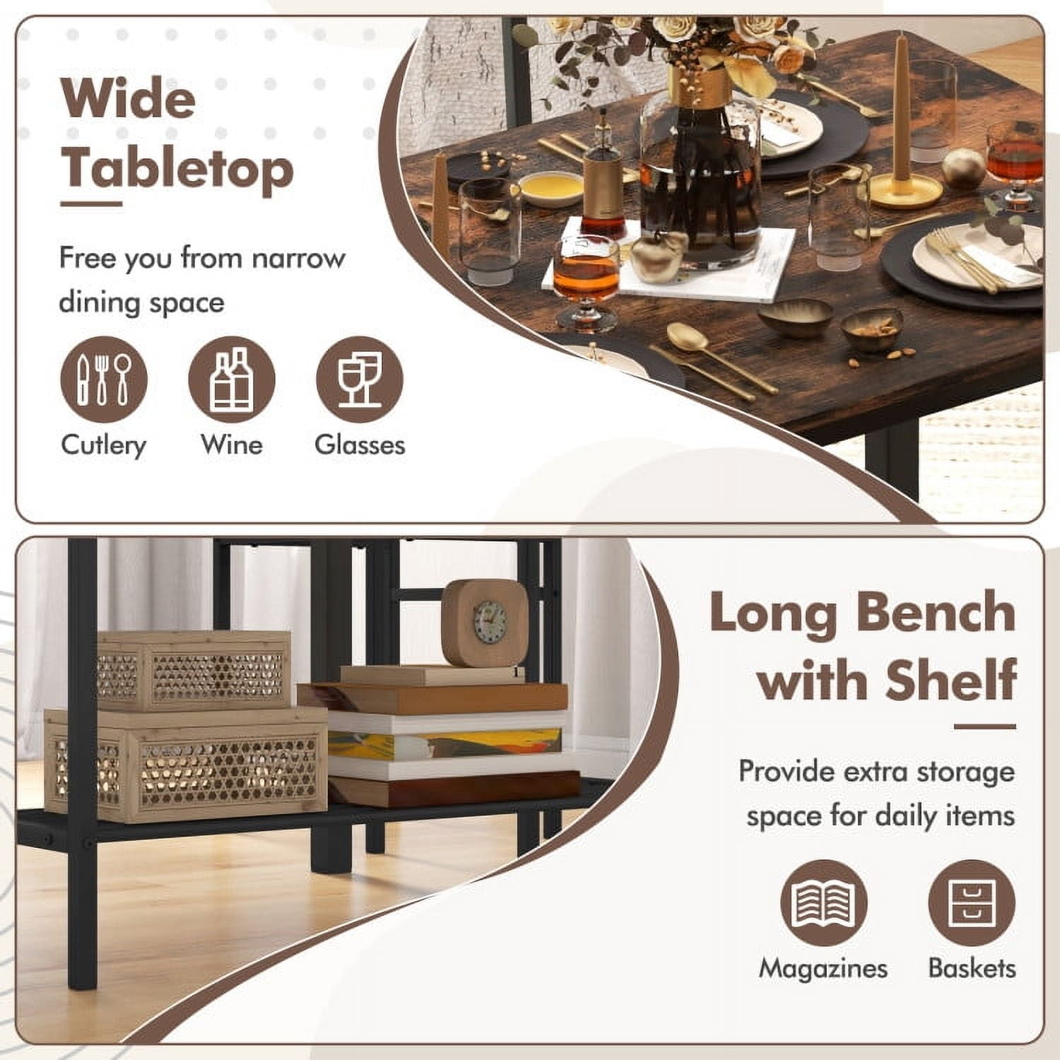 Demi Bonn Dining Set, Dining Table Set, 4 Pieces Rustic Dining Table Set with 2 Chairs and Bench, for Home, Restaurant, Rustic Brown