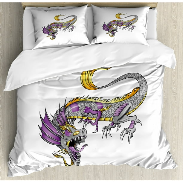 Japanese Dragon Duvet Cover Set Ethnic Far Eastern Beast Fiery Monster With Scales Fangs And Tail Decorative Bedding Set With Pillow Shams Grey Violet Yellow By Ambesonne Walmart Com Walmart Com