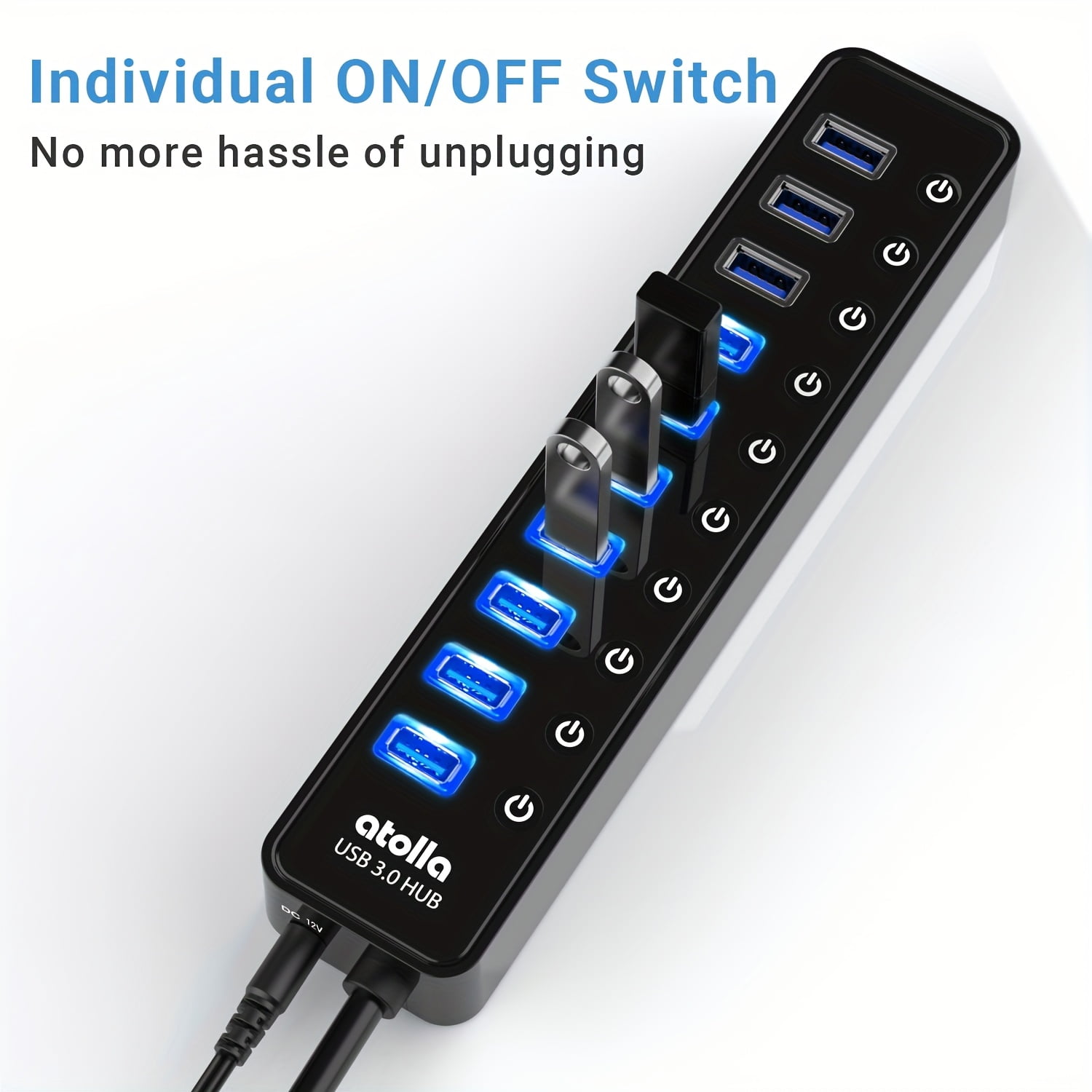 USB 3.0 Hub, 10-Port USB Data Hub Splitter With Separate On/Off Switch And Power Adapter USB Extender For Mouse, Keyboard, Hard Drive Or More USB Devices