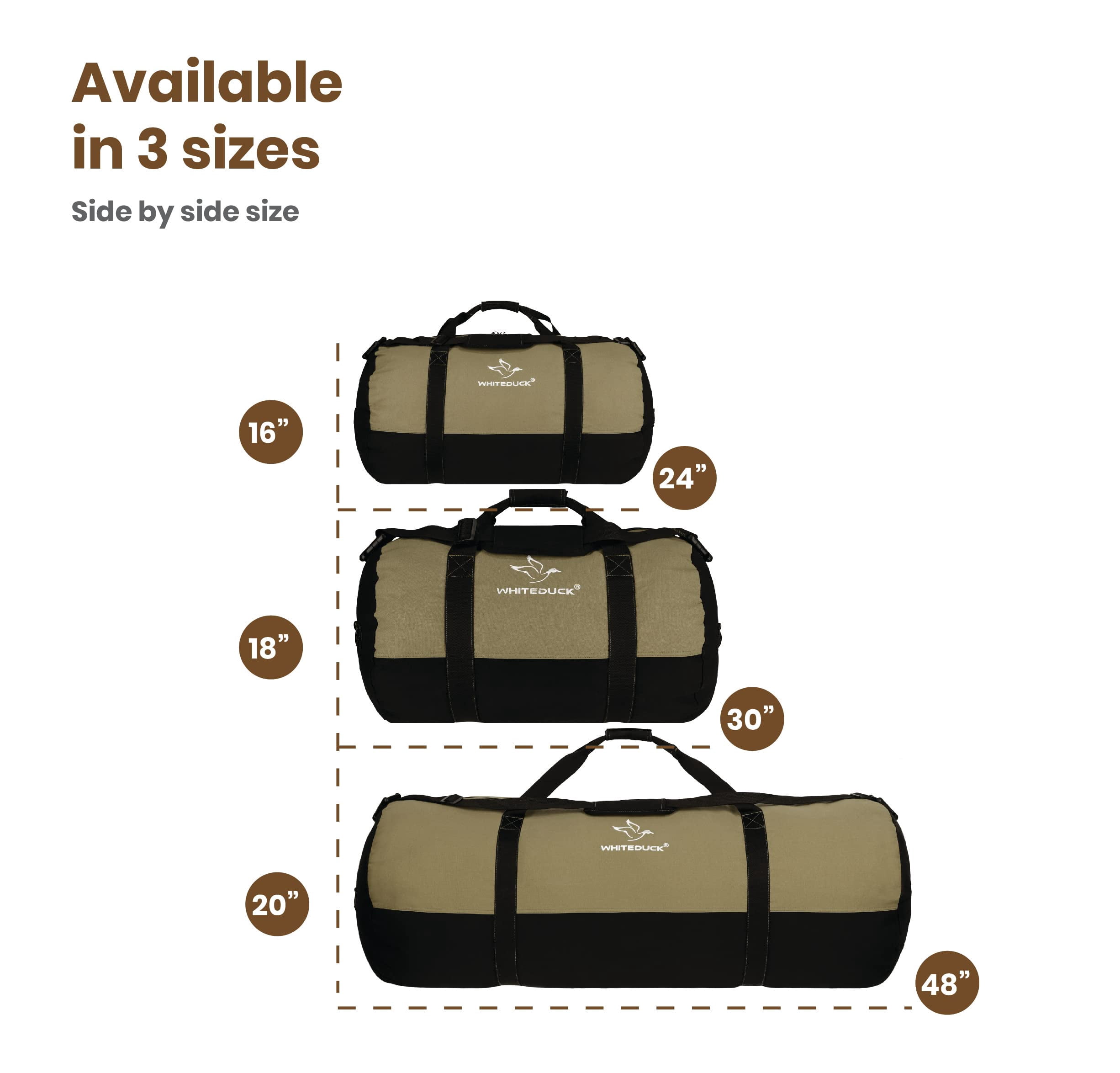 WHITEDUCK Heavy Duty Canvas Duffel Bag for Men and Women - Foldable Military Army Style Duffel Bag, with Full Length Zipper- Outdoors, Travel, Gym & Storage (Large 30" x 18", Olive & Black)