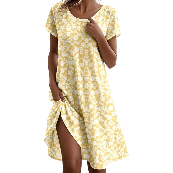 Puliio Summer Dresses for Women Short Sleeve Crew Neck Loose Midi Floral Print Casual Beach Vacation Dress