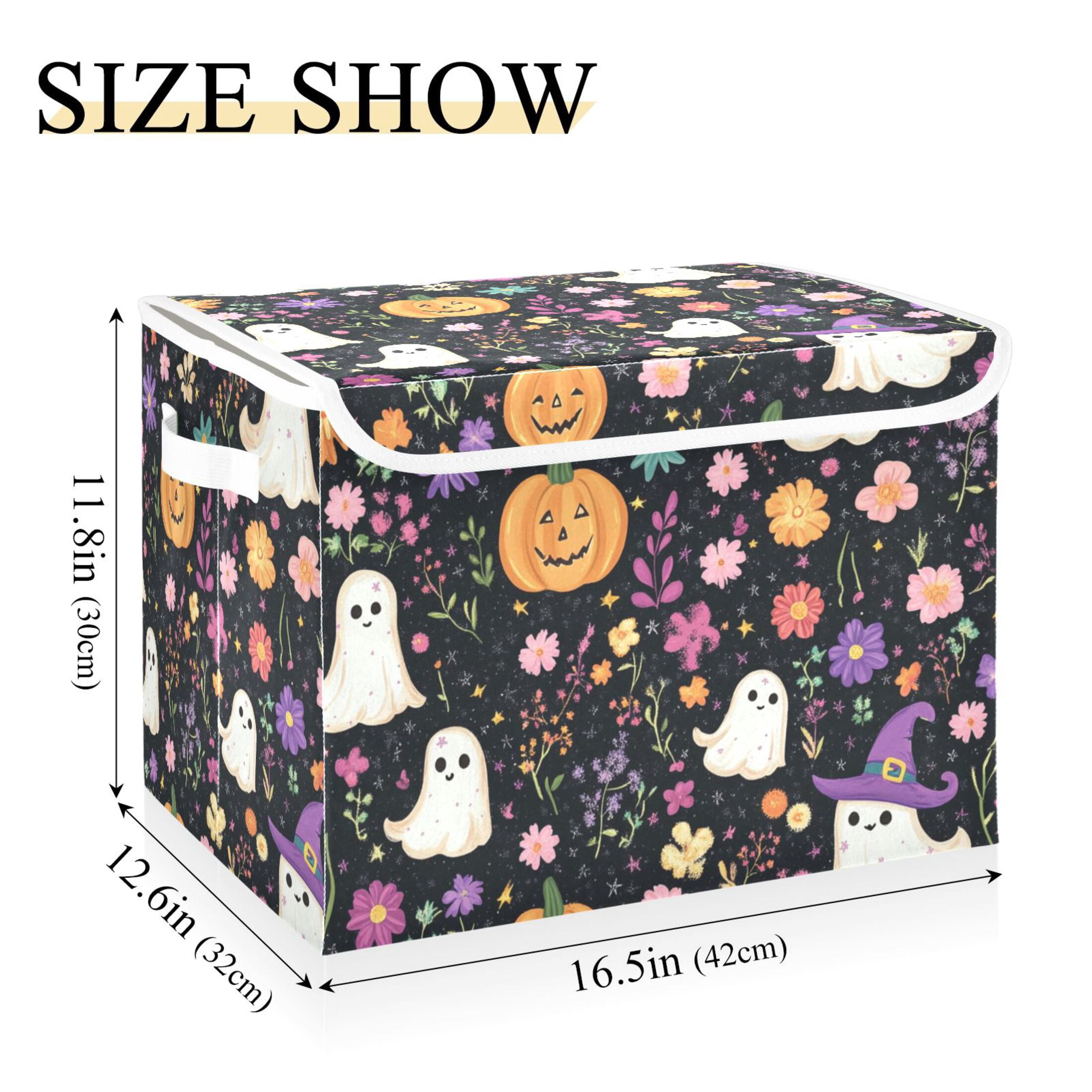 Halloween Specters Pumpkins Flowers Crayon Painting Foldable Storage Bin with Lid and Handle Collapsible Storage Box 16.5 x 12.6 x 11.8 inches