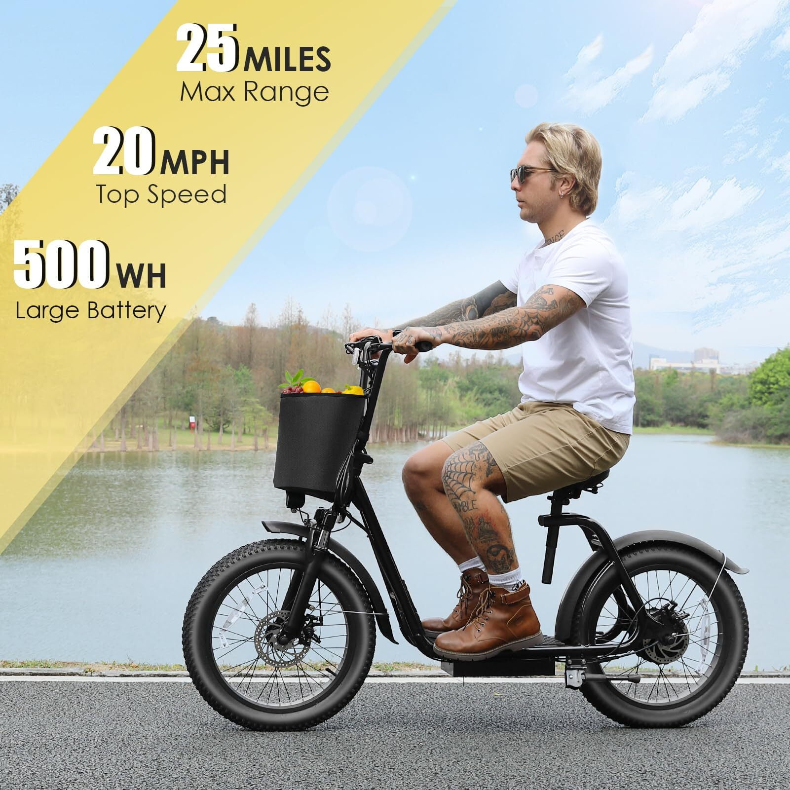 HOTEEL Electric Scooter for Adult, 30Miles Range&20Mph Power by 20"Off-Road Tire&Height Adjustable Seat, Foldable Scooter E Bike for Mountains, Snow, Road, Black