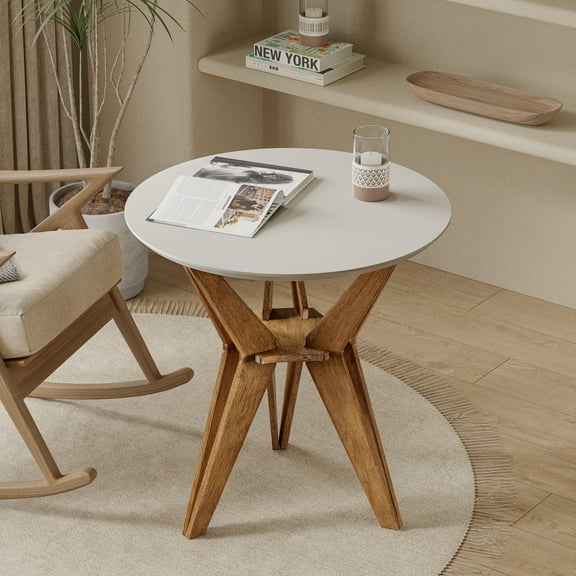 COZAYH Farmhouse End Table Distressed Wood Side Table Accent Table with White Top and Tripod Base for Living Room, Office, Boho Decor, Modern Rustic, Nature, Round