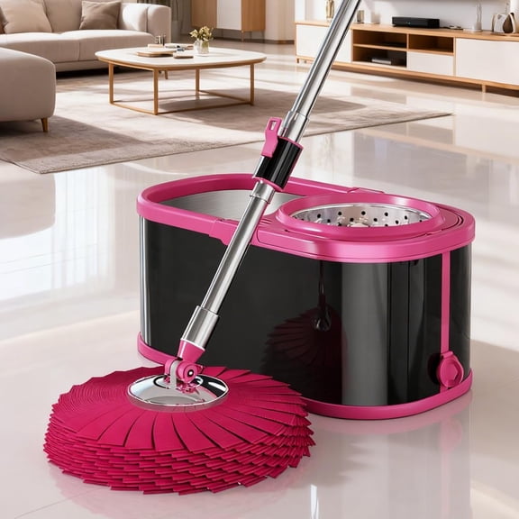 Swiftiron Stainless Steel Spin Mop and Bucket Set with Wringer, 360 °   Rotation Wet Dust Mop for Floor Cleaning with Extra Refills, Black Pink
