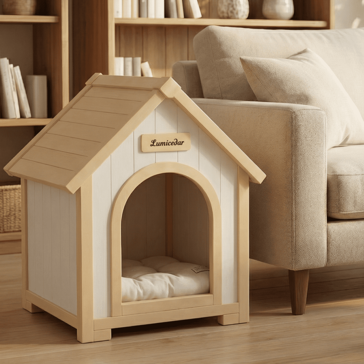 Creamy White Light Yellow Modern Indoor Wooden Dog House with EVA Cushion for Small Dogs and Cats