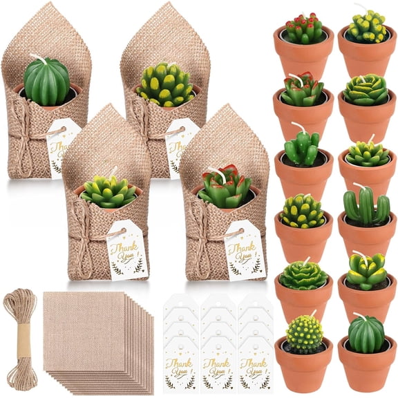 12 Set Succulent Cactus Tealight Candles with Mini Terracotta | Mini Terracotta Pot Candles,Natural Burlap Bags,Thank You Tag,Teacher Gift,Handmade Favor,Baby Shower Wedding Birthday Party