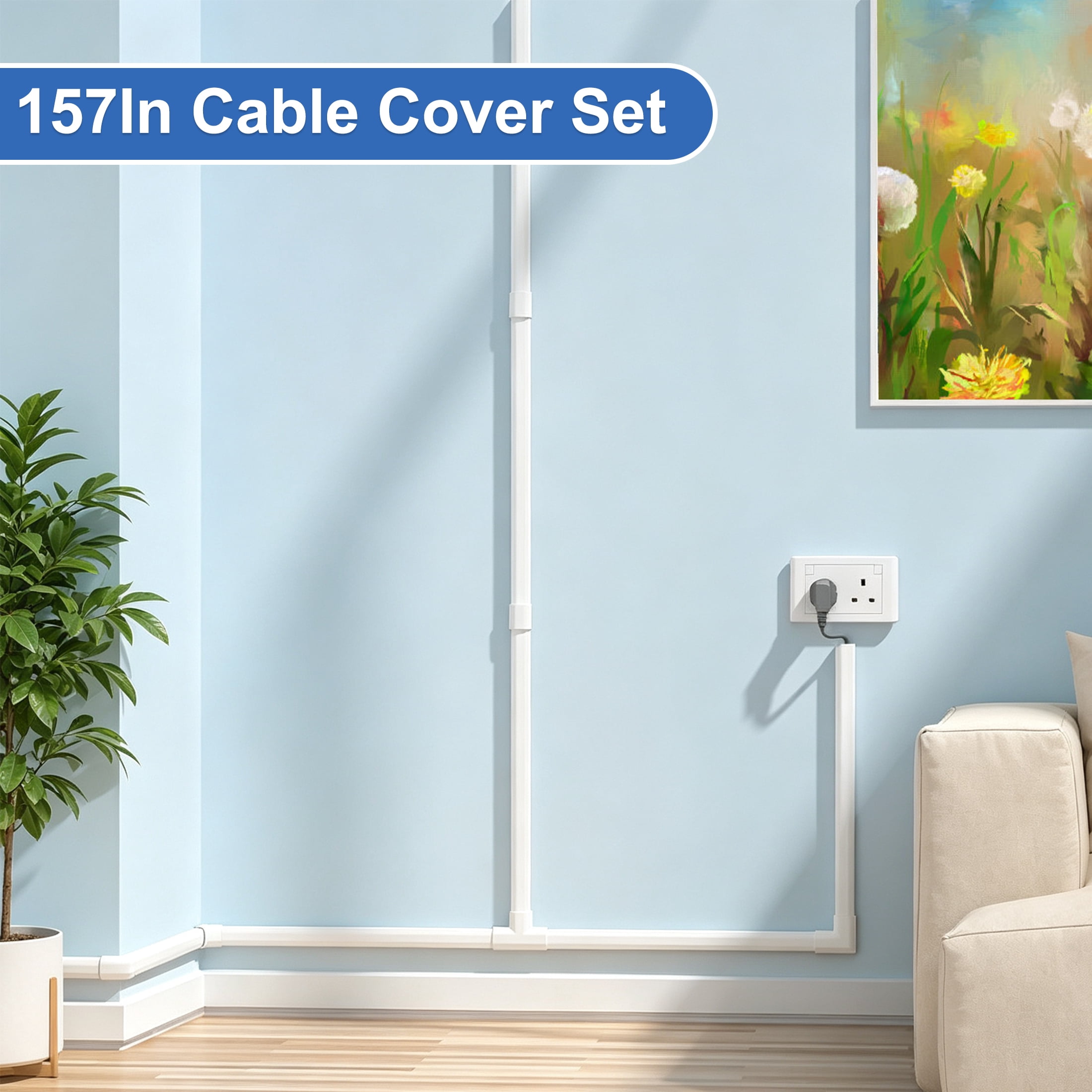 157 Inch Cable Concealer Wall Cord Cover Kit, PVC Wire Hider for Wall, Self‑Adhesive Cable Raceway, Cord Management System to Hide TV Wires, Cables Organizer for Home Office
