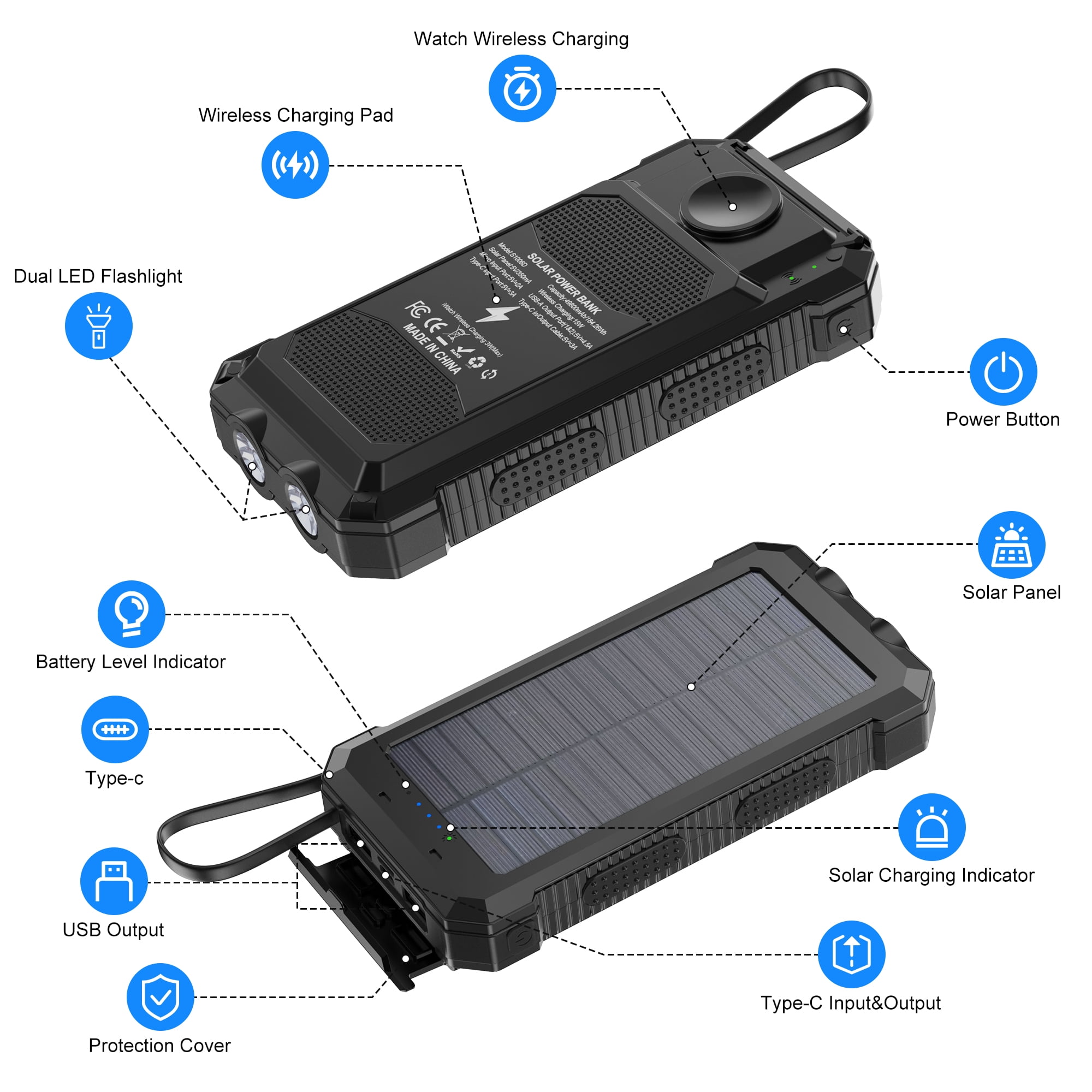 OWNTECH 20000mAh Solar Power Bank, QC3.0 Fast Charging, Dual USB Ports with Built-in LED Flashlight  Portable Solar Charger for All Smartphones and Apple Watch