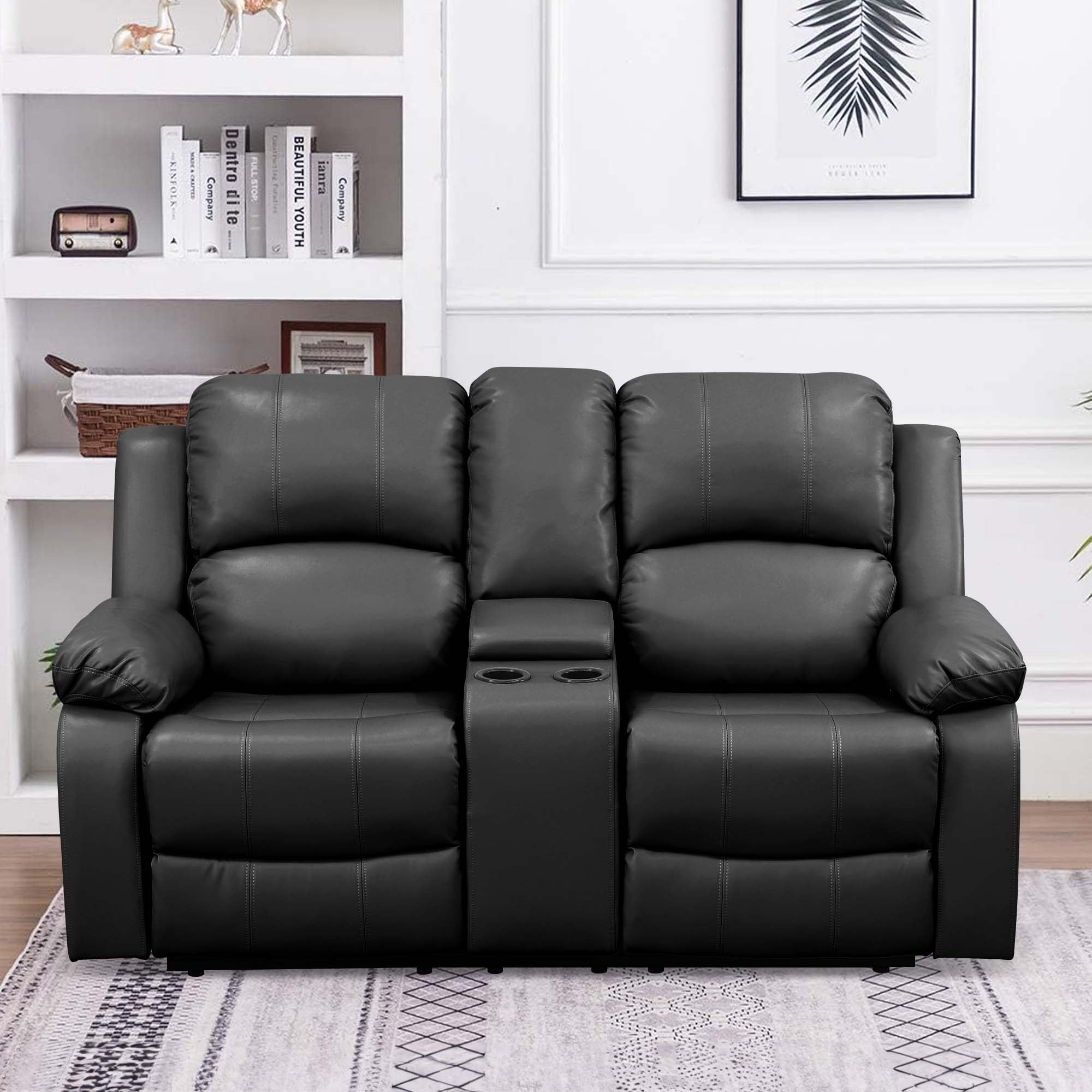 Aukfa Double Manual Recliner Chair, Overstuffed Loveseat with Cupholder for Living Room, Black