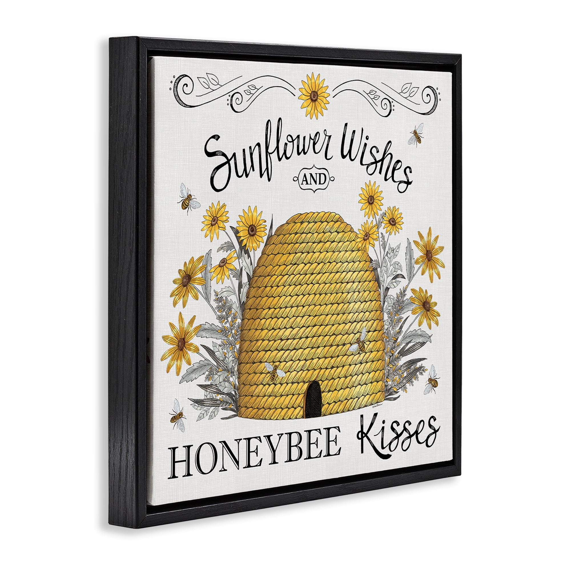 Stupell Industries Sunflower Wishes Honeybee Kisses Plants & Flowers Painting Black Floater Framed Canvas Art Print Wall Art, 18 x 18