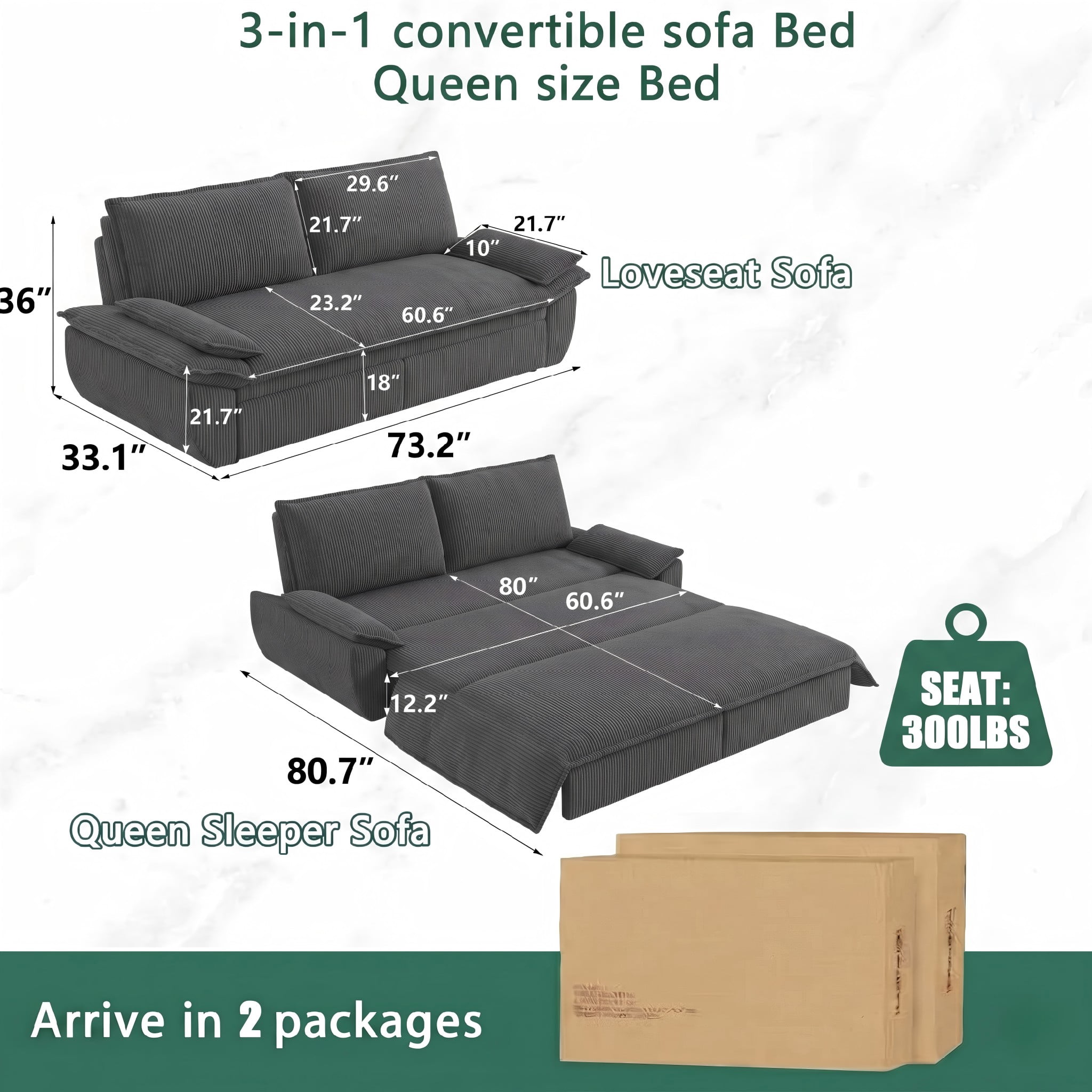 Multi-Functional Corduroy Convertible 3-in-1 Sofa Bed, Queen Size Loveseat Sleeper Couch, Dark Grey