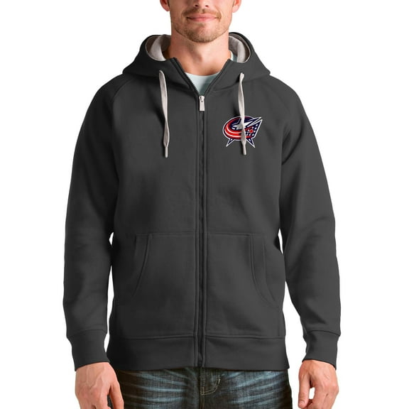 Men's Antigua Charcoal Columbus Blue Jackets Logo Victory Full-Zip Hoodie