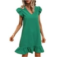 thumbnail image 1 of FAIWAD Robes d'Été pour Femmes Manches Courtes à Volants Ourlet Smock Robe Courte Couleur Unie Décontractée Fluide, 1 of 6