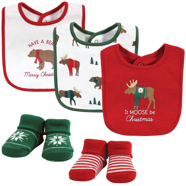 Set de babero y calcetín de algodón para bebés Hudson Moose Christmas, talla única