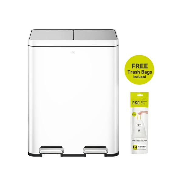 EKO Edison Dual Compartment Kitchen Trash Can, 16 Gallon Stainless Steel Rectangular Recycling Step Lid Garbage Bin, Matte White