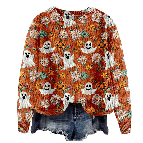 Halloween Sweaters for Women Fashion Graphic Print Long Sleeve Knit Pullover Tops Everyday Casual Look