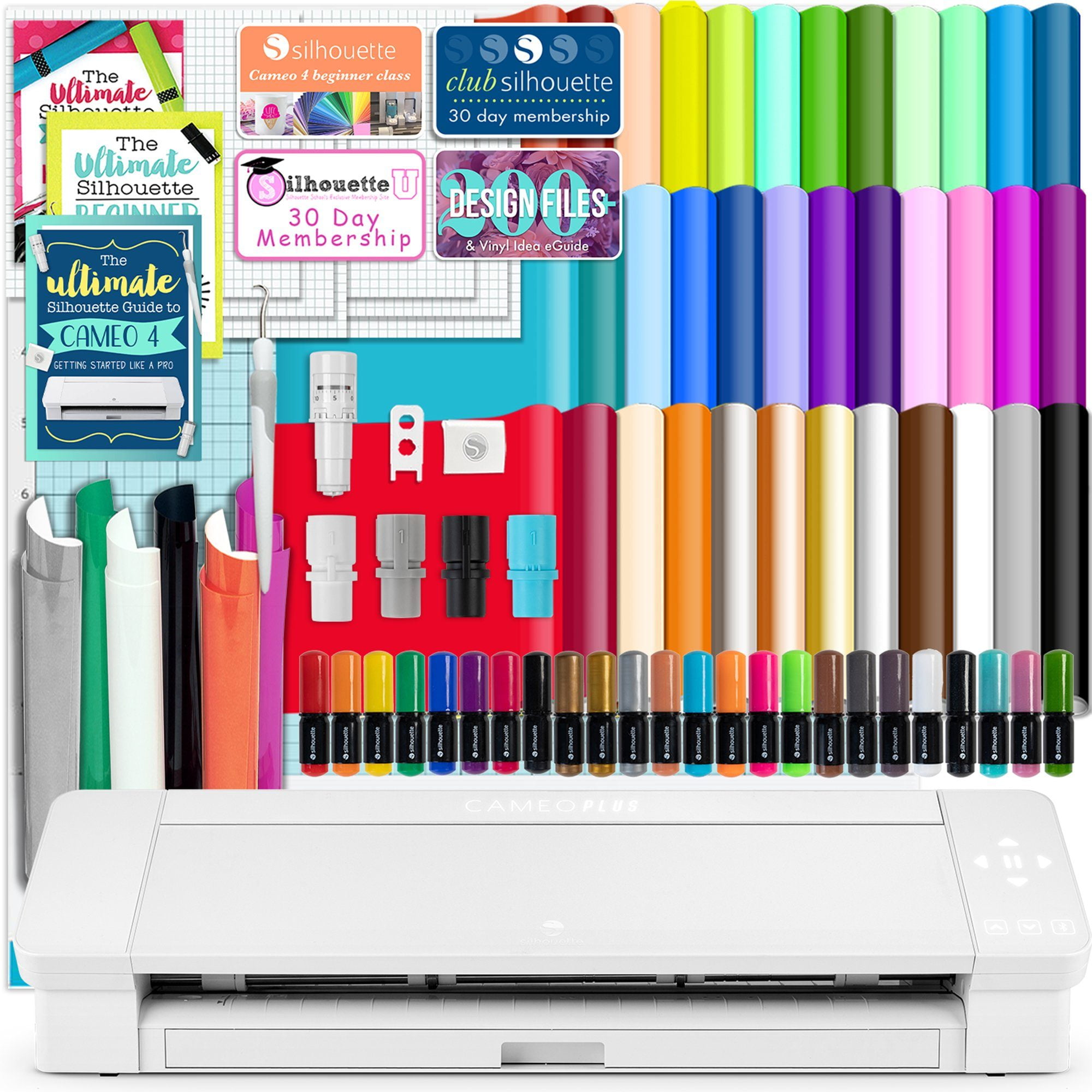  Silhouette Cameo 4 White Bundle with Vinyl Starter Kit, Heat  Transfer Starter Kit, 2 Autoblade 2, 24 Pack of Pens, CC Vinyl Tool Kit,  130 Designs, and Access to Ebooks, Tutorials, & Classes
