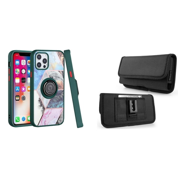 Bemz Ring Series Case for iPhone 14 Pro Max (TPU Silicone Cover with Magnetic Stand) and Horizontal Rugged Nylon Belt Holster Pouch - Green on Galaxy Marble