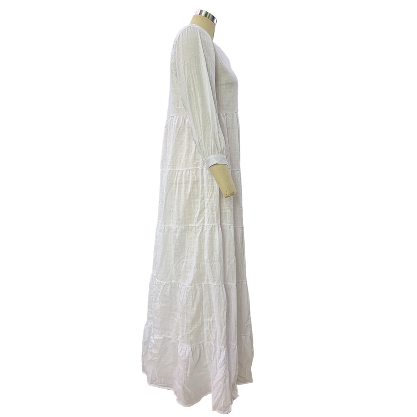 BiZtdJrK White Women's Cotton Linen Dress Button Down Long Sleeve V Neck Boho Dresses Casual Pleated Layered Beach Long Dress XL