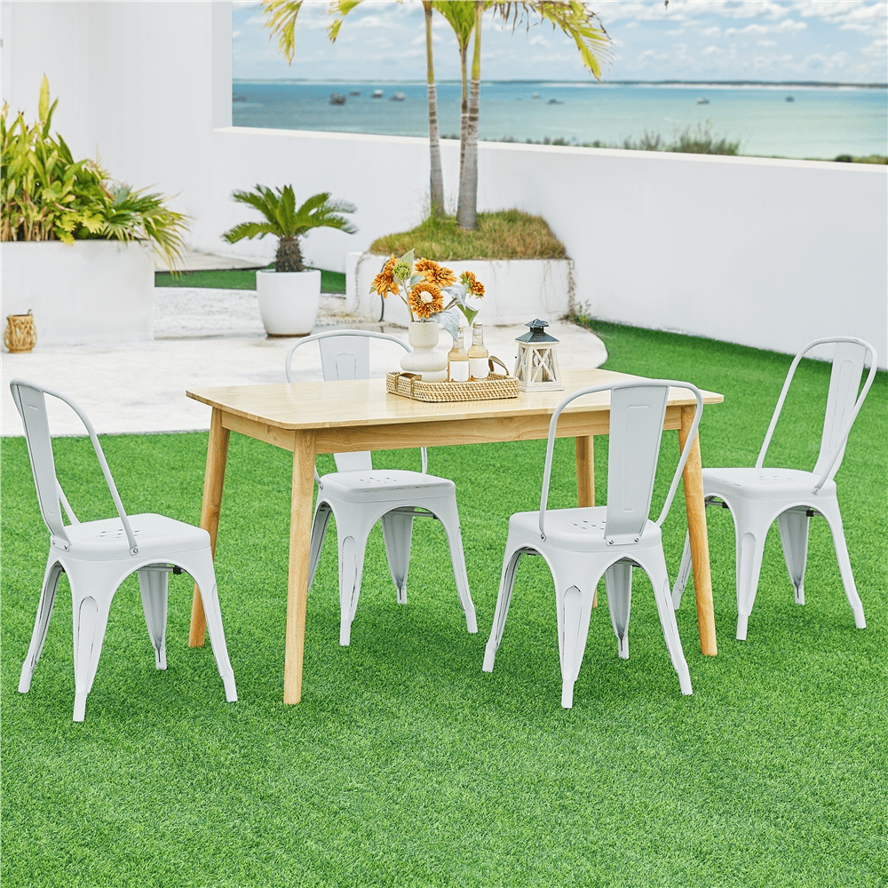 Alden Design Industrial Modern Metal Dining Chairs, Set of 4, Distressed White