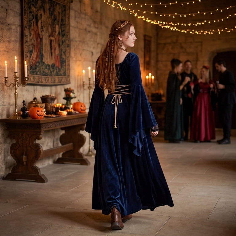 Klhdsf Renaissance Costume Women's Long Flare Sleeve Halloween Medieval Witch Dress Ideal for Ren Faire, Fairy Outfit, Princess Cosplay, Pirate