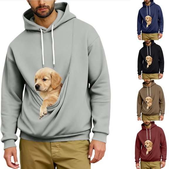 Urbanix Mens Pet Pouch Hoodie Fashion Long Sleeve Drawstring Pets Holder Holder Pullover Tops Comfy Outdoor Vacation Clothes with Pockets