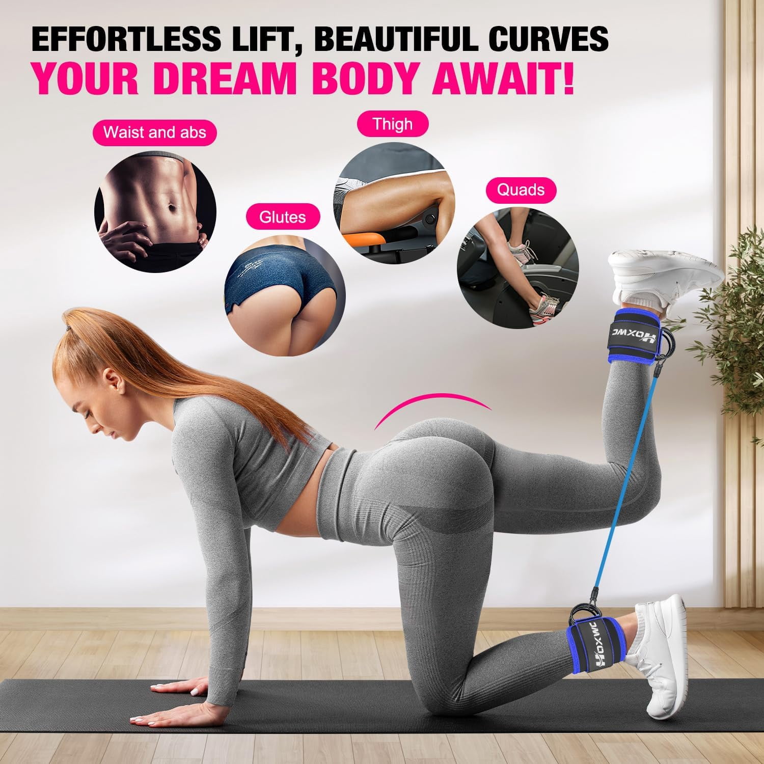 JJEAN-Ankle Resistance Bands with Cuffs, Ankle Bands for Working Out, Ankle Resistance Band for Leg, Booty Workout Equipment for Kickbacks Hip Fitness Training, Exercise Bands for Butt Lift Women